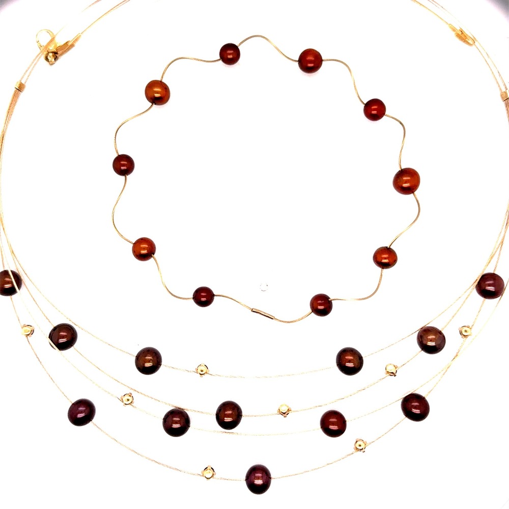 Adi Paz 14k Gold Chocolate Pearl Multi-Strand Necklace & Wavy Bracelet Set